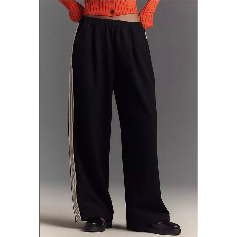 Anthropologie Maeve Black Wide Leg Track Pants Side Stripe High Rise Size S
